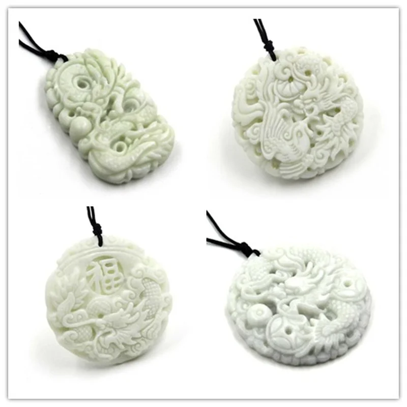 Necklace Pendant - Natural White jade Dragon Phoenix Pendant