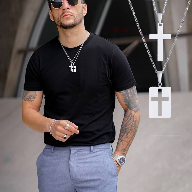 Mens Dog Tag Necklace - Men Necklaces, Cross Cut Out Pendant,